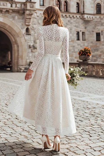 Ivory Lace A-Line Long Sleeves Maxi Wedding Dress